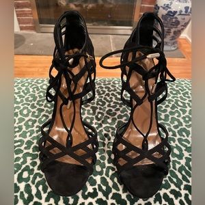 Aquazzura Beverly Hills Black Suede Open Toe Caged Ankle Lace Up Heel Sz 38